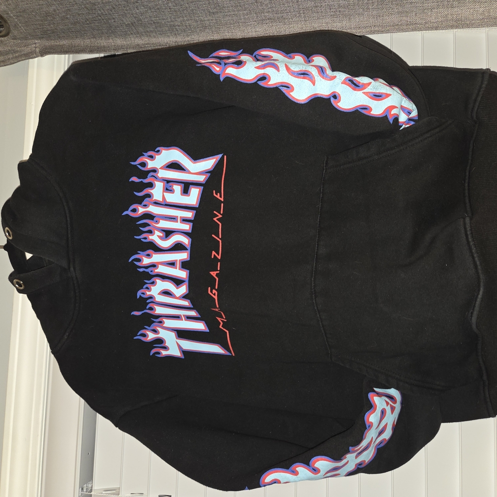 Thrasher Black Hoodie with Flame Design